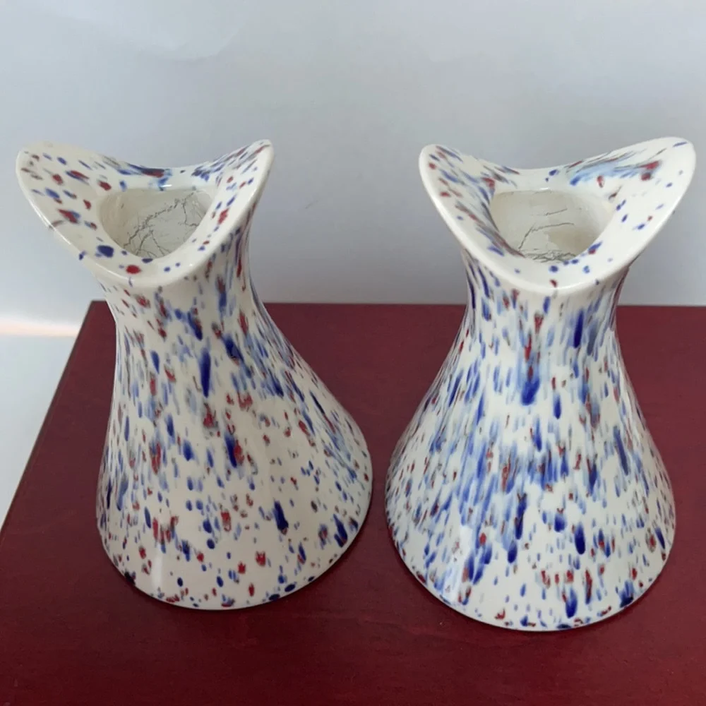 Art pottery candle holders with drip paint design